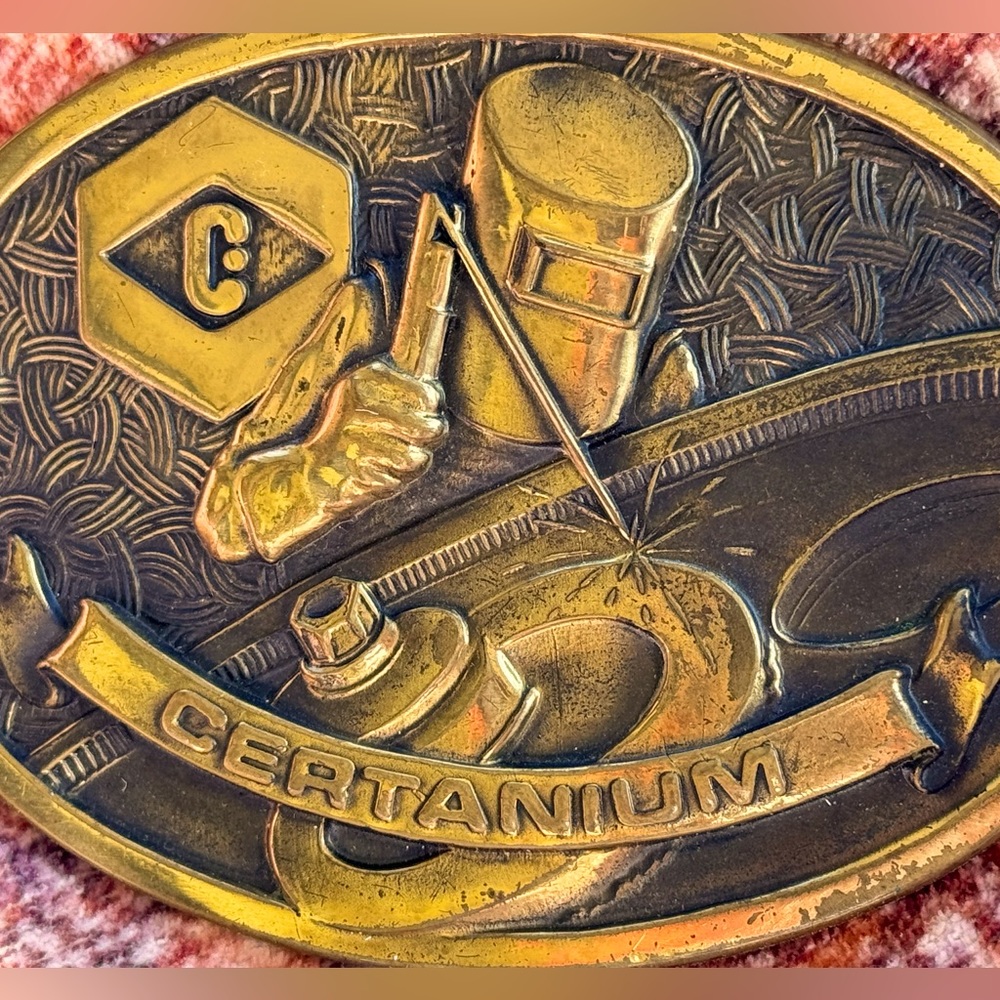 SOLD Vintage Solid Brass Welders Metal Belt Buckle Certanium Rare Western Cowboy